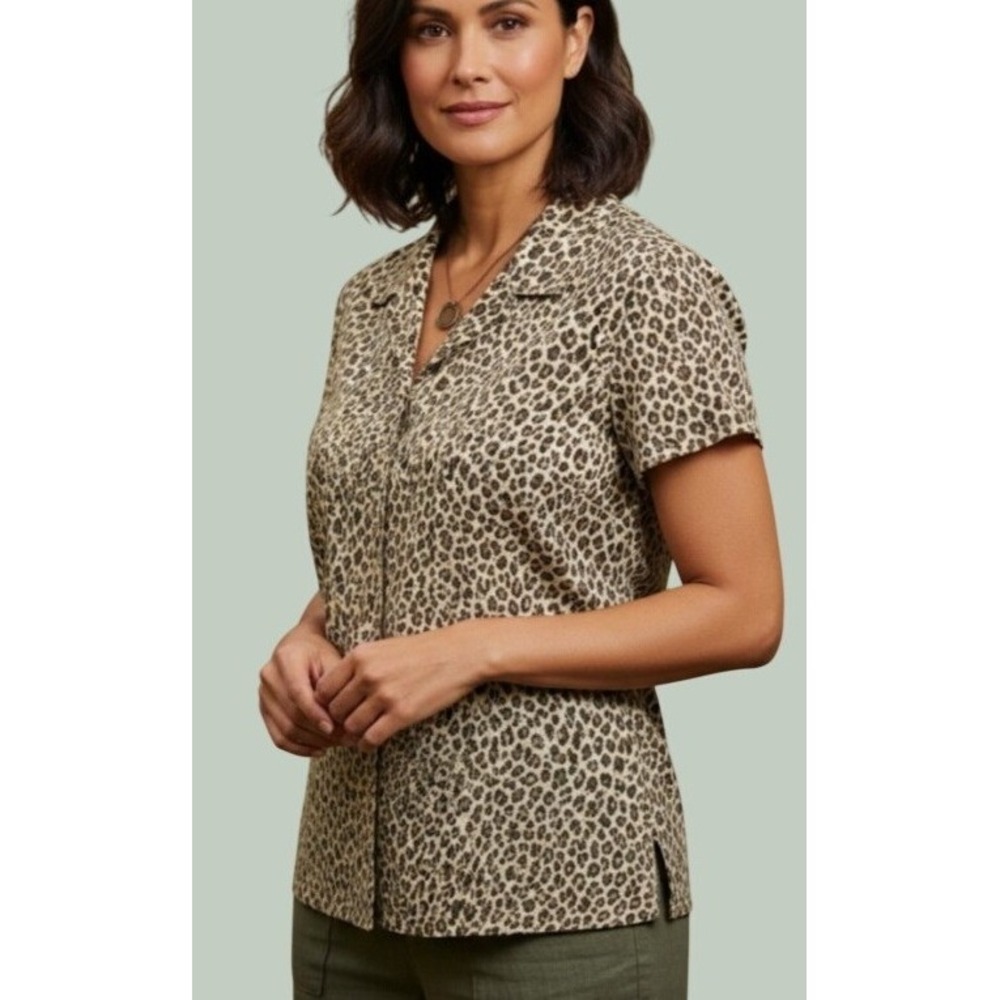 Evan Picone Blouse Animal Leopard Print Short Sleeve Button Up Safari Top Tan 10